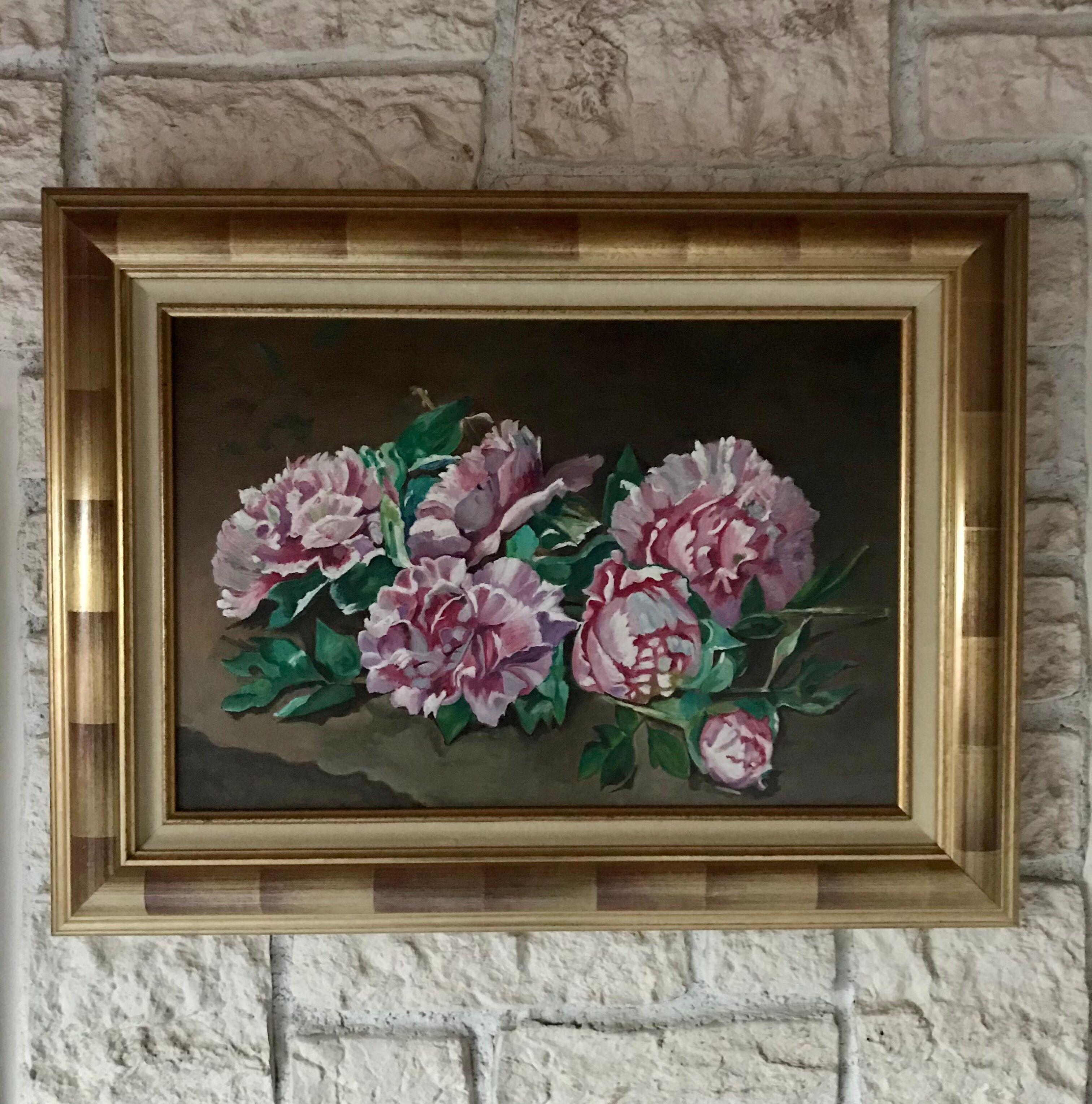 Oil on canvas peonies in bouquet