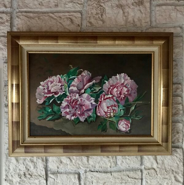 Huile sur toile pivoines en bouquet