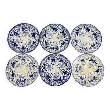Set de 6 assiettes à dessert en terre de fer « Flora » – Creil et Montereau, XIXe siècle, bleu