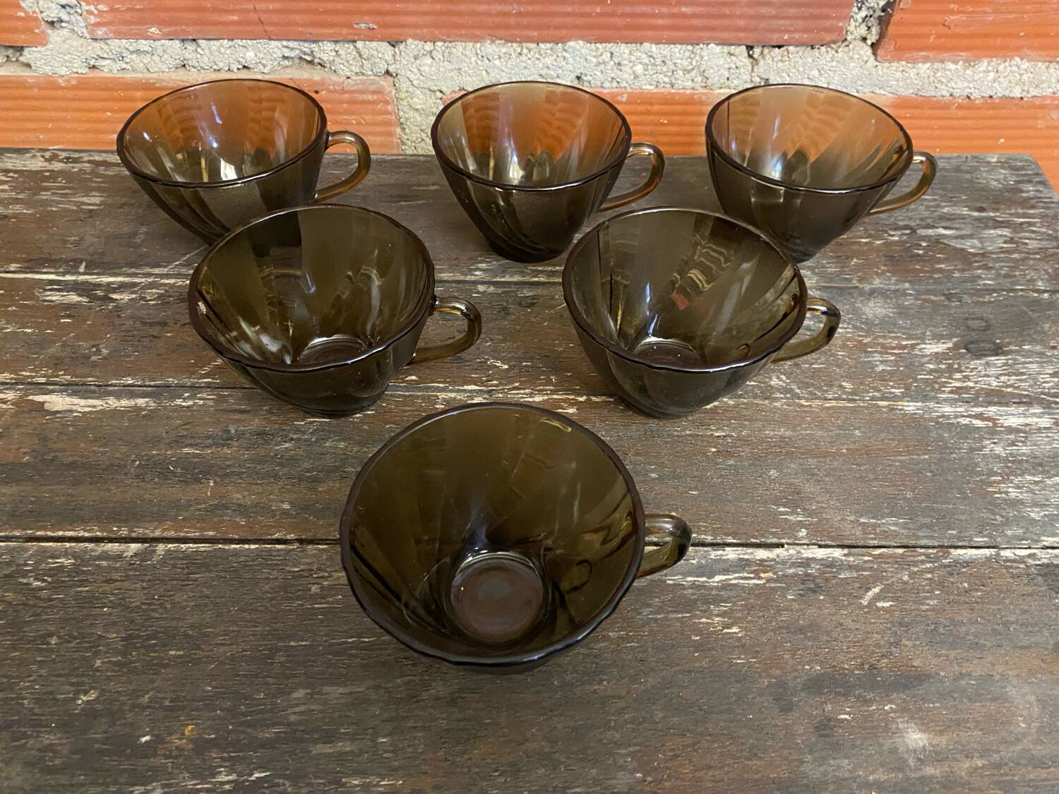 Set of 6 vintage Duralex molded smoked glass cups, art deco style