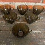 Set of 6 vintage Duralex molded smoked glass cups, art deco style