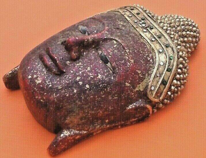 Hanging mask with Buddha face, carved polychrome wood