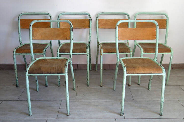 Lot de 6 chaises d'école vintage fer et bois