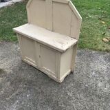 Small vintage yellow bench made of hand-painted wood, low storage from the 1920s.