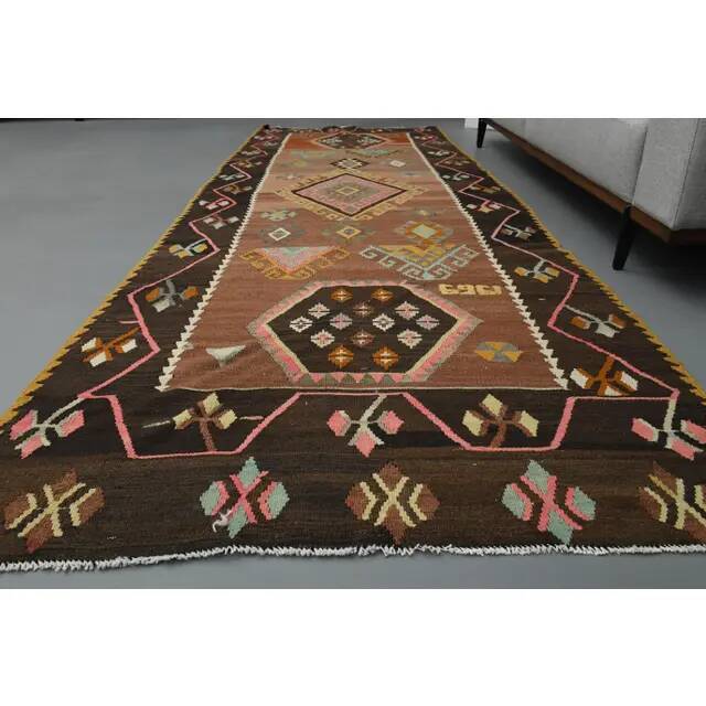 1970s Vintage Turkish Oushak Handmade Wool Cotton Orange Runner Rug 128x347