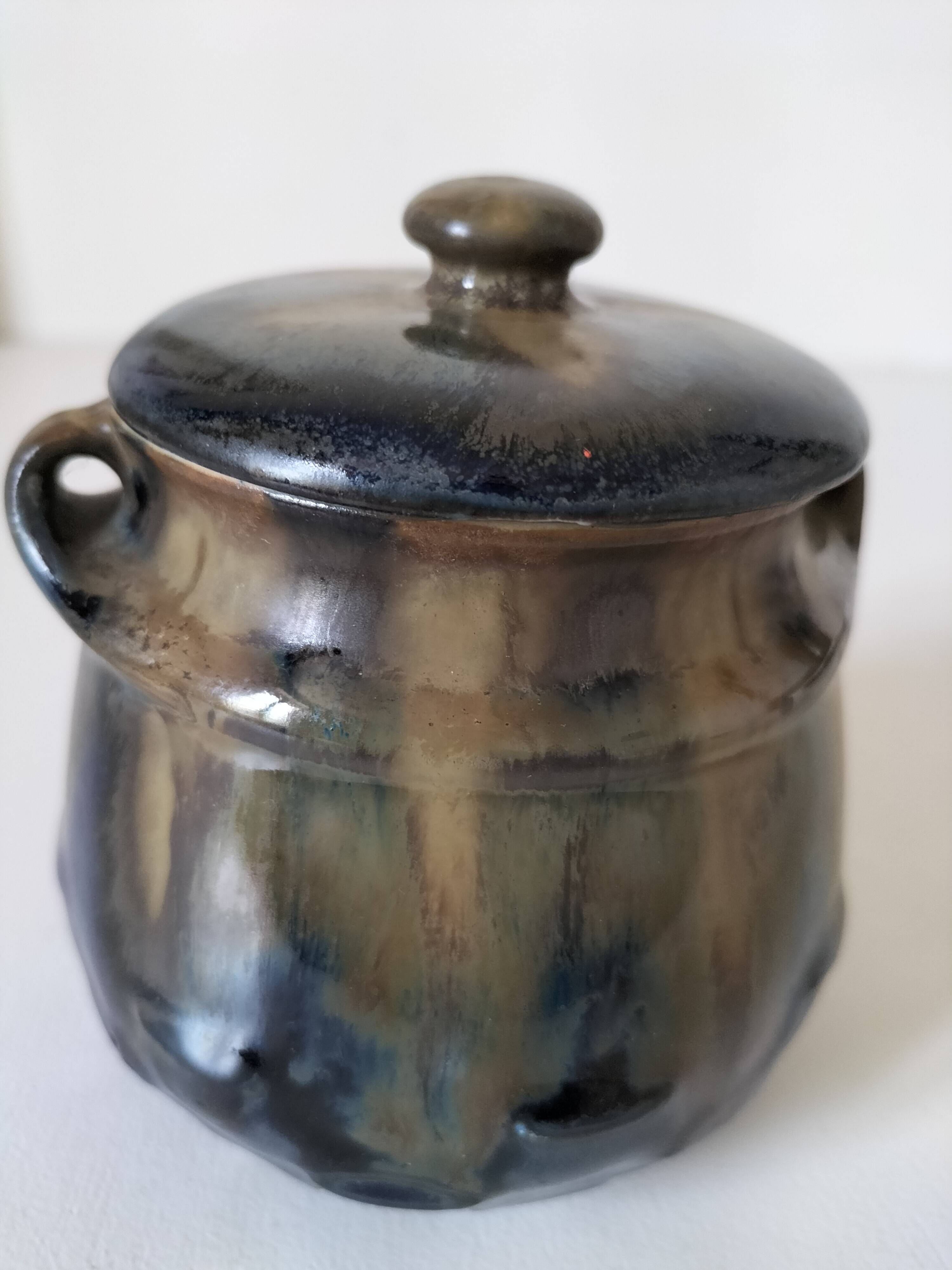 Sucrier en grès flammé Denbac signé – reflets bleu nuit et bronze
