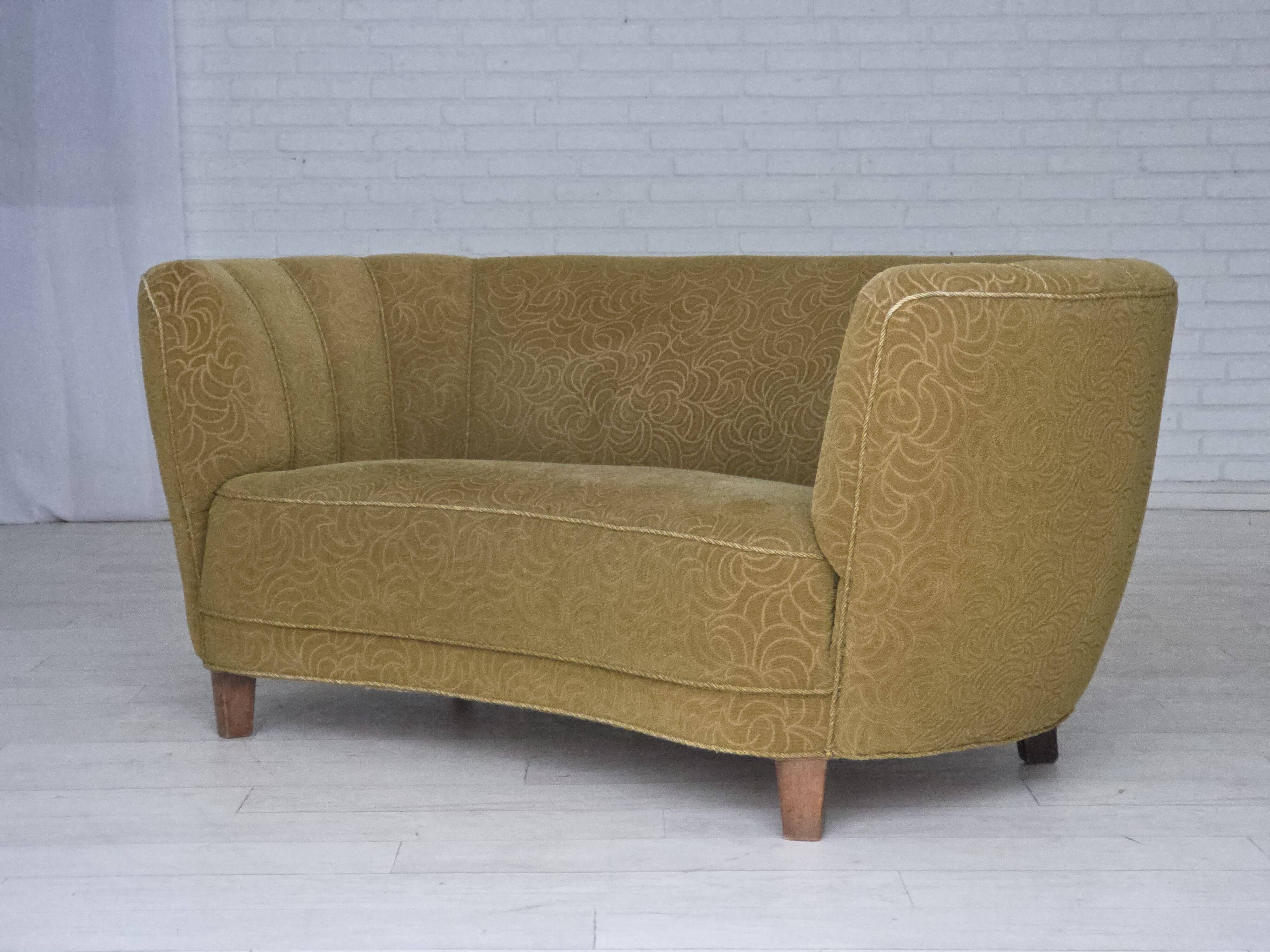 1960s, Danish 2-seater "Banana" sofa, furniture velour, beech wood.