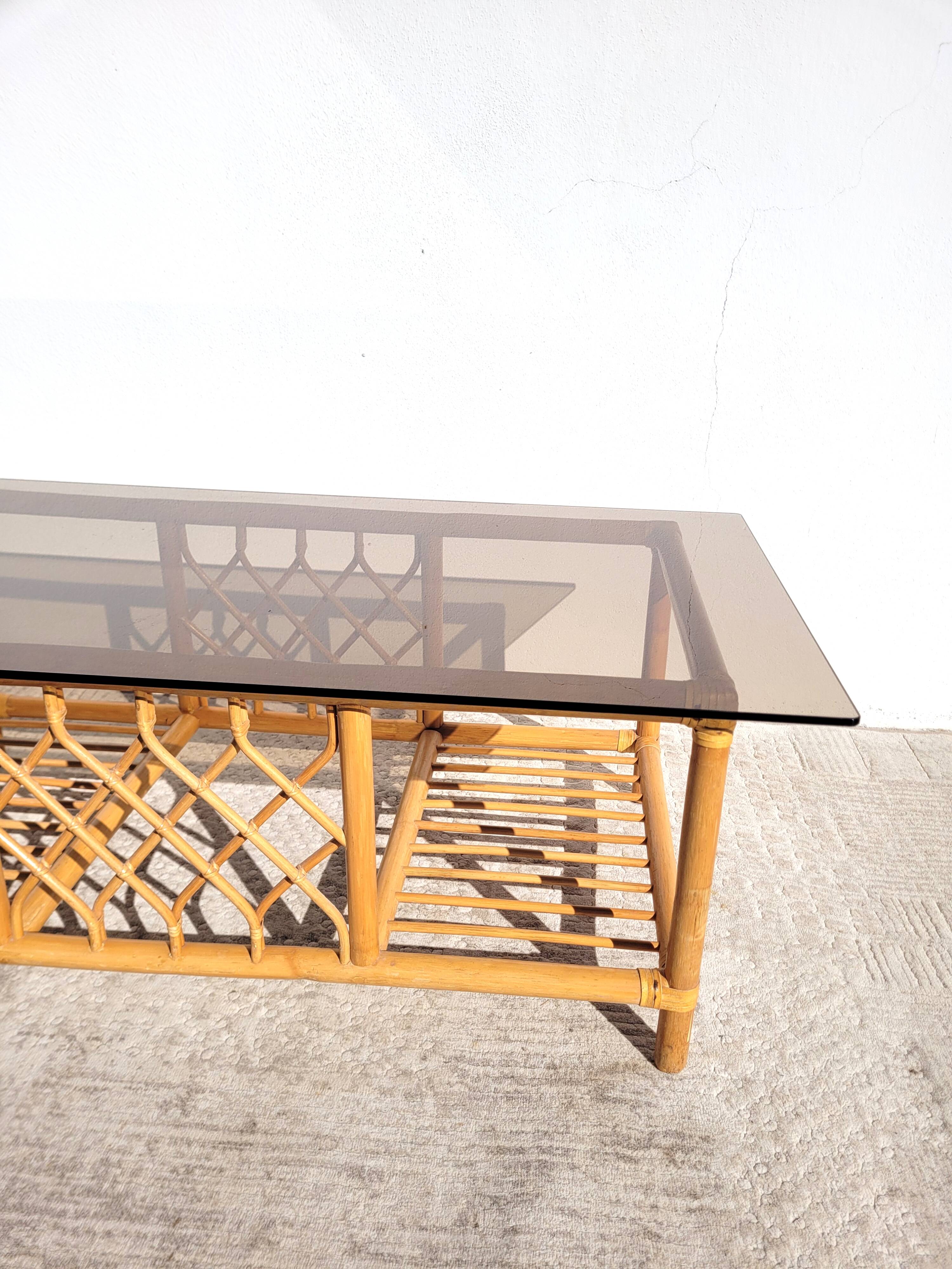 Rattan and smoked glass coffee table