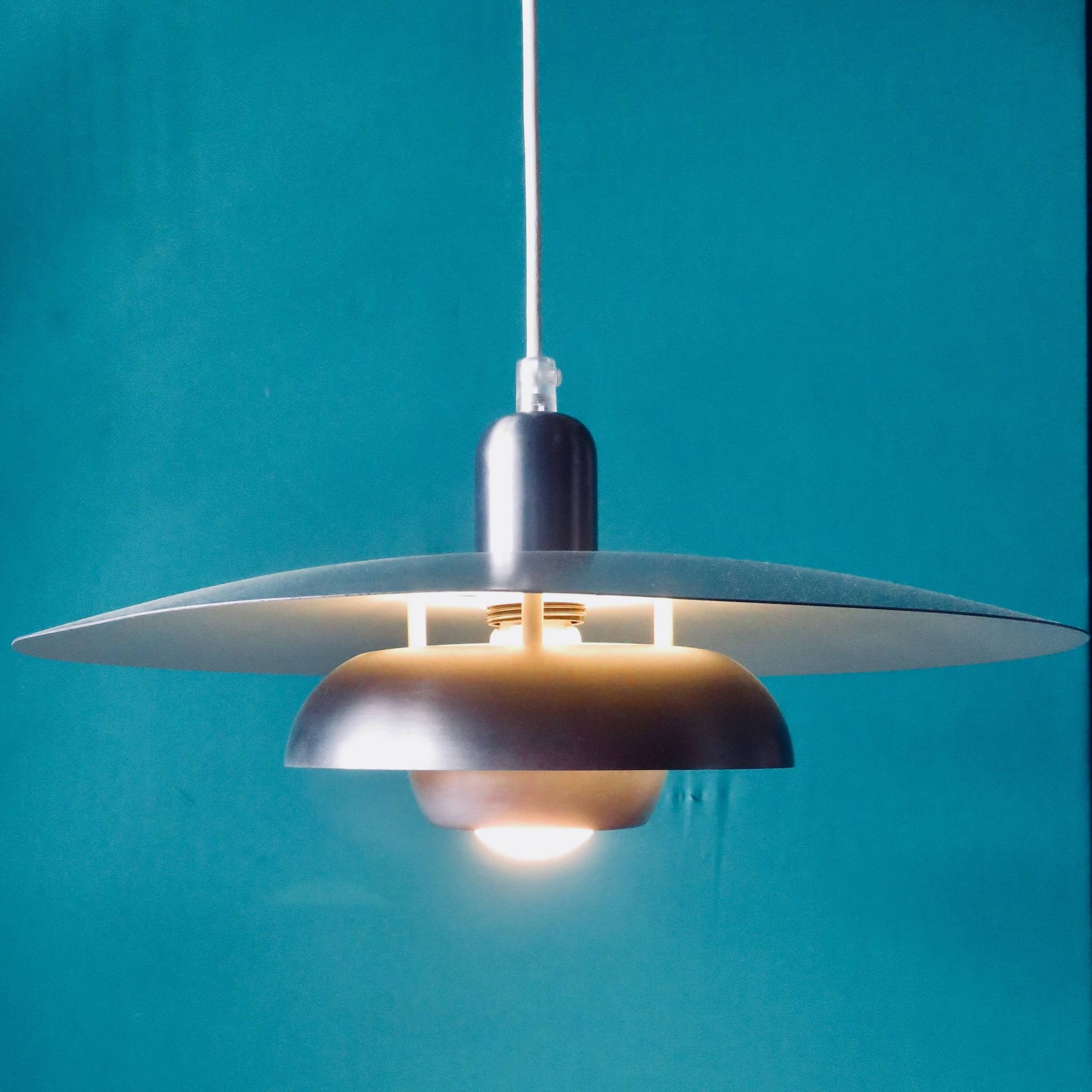 Silver iridescent metal pendant light with a typically Danish design, circa 1975/1980