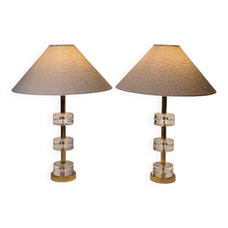 Timeless pair of Scandinavian Modern table lamps with Orrefors glass and brass