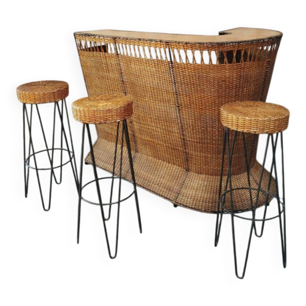 Bar vintage rotin et métal et ses tabourets