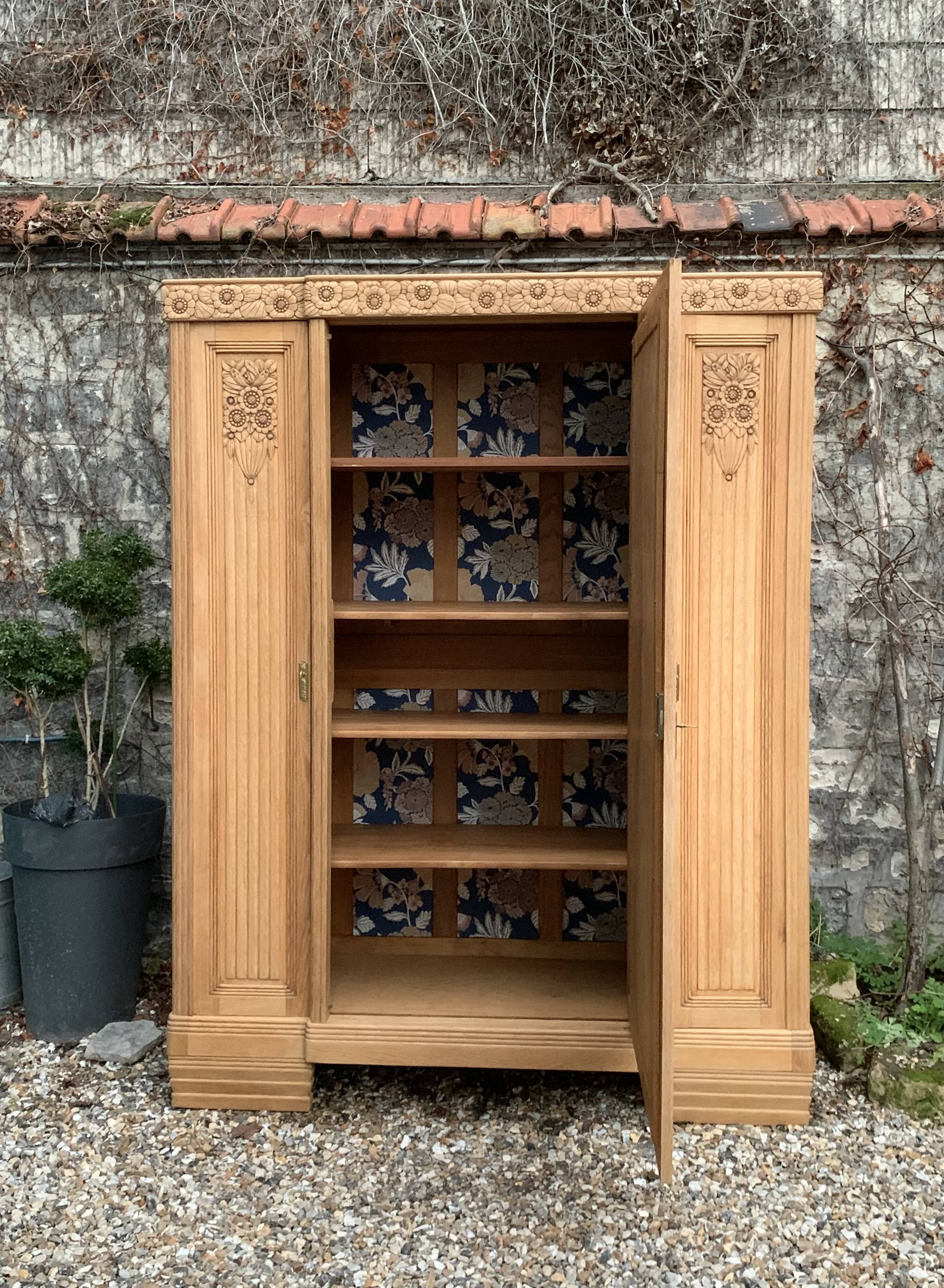 Parisian Art Deco style wardrobe in solid raw oak, 1950