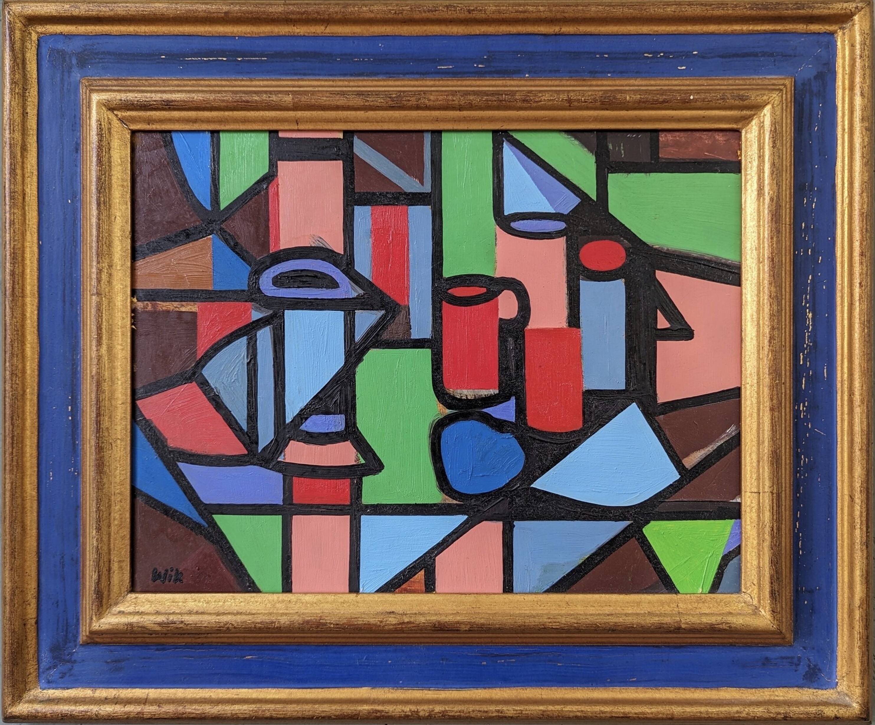 Mid-Century Modern "Geometric Still Life" Vintage Swedish Cubist Still Life Oil Painting, Framed