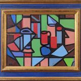 Mid-Century Modern "Geometric Still Life" Vintage Swedish Cubist Still Life Oil Painting, Framed