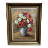 Huile sur panneau originale suédoise "Vase de marguerites" par L Johnson, signée, vintage et encadrée.