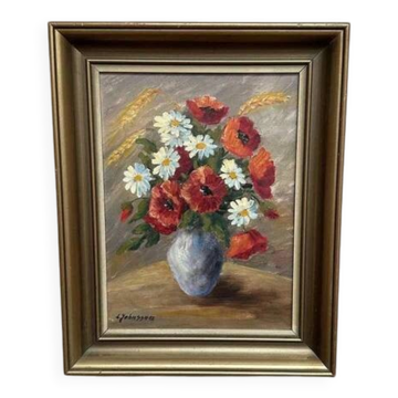 Huile sur panneau originale suédoise "Vase de marguerites" par L Johnson, signée, vintage et encadrée.