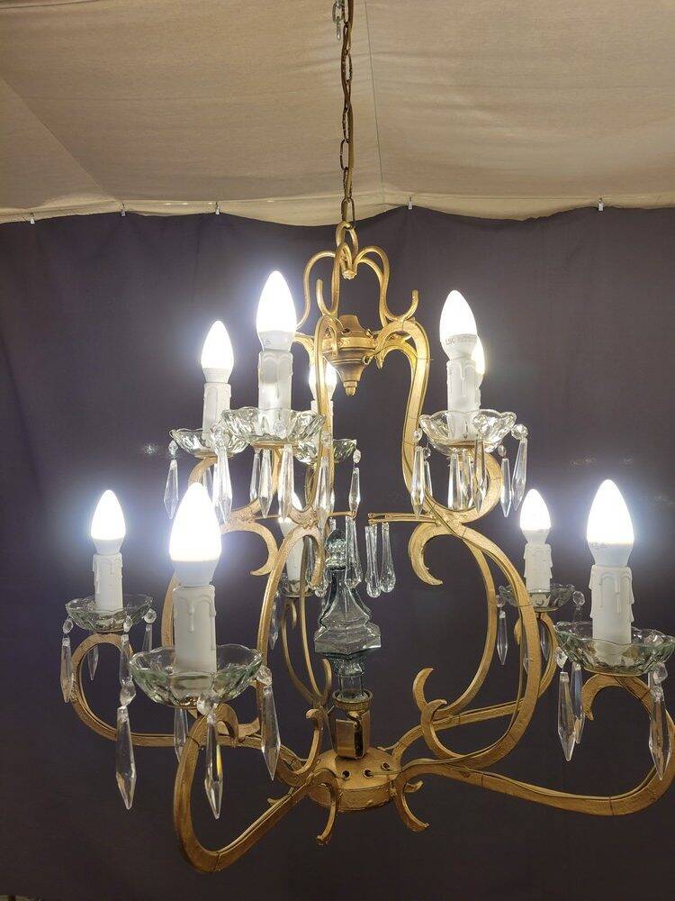 Pair of cage chandeliers with pendants