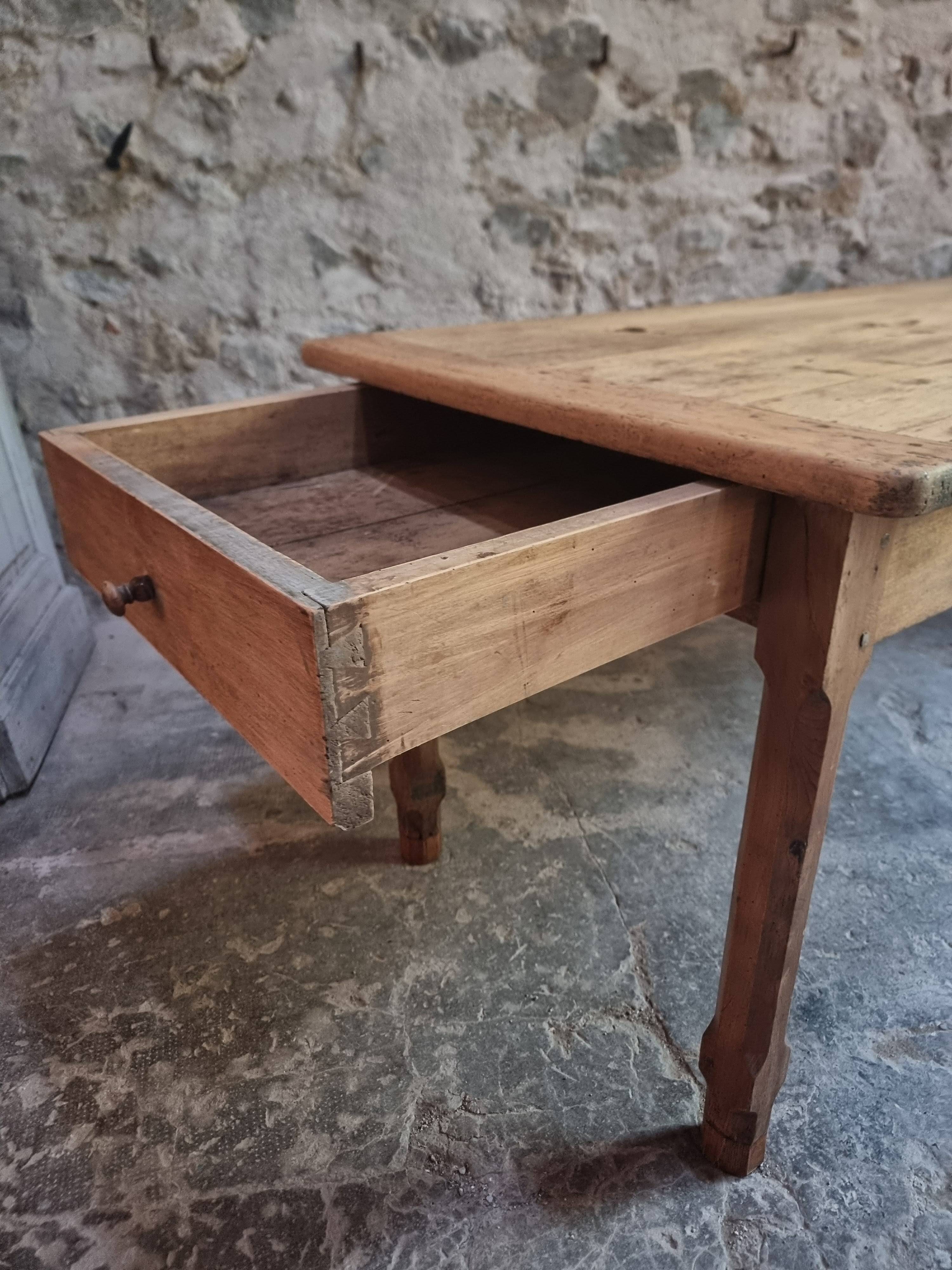 Old farmhouse dining table, rustic kitchen, poplar top, chestnut base, two drawers, 1800–1850.