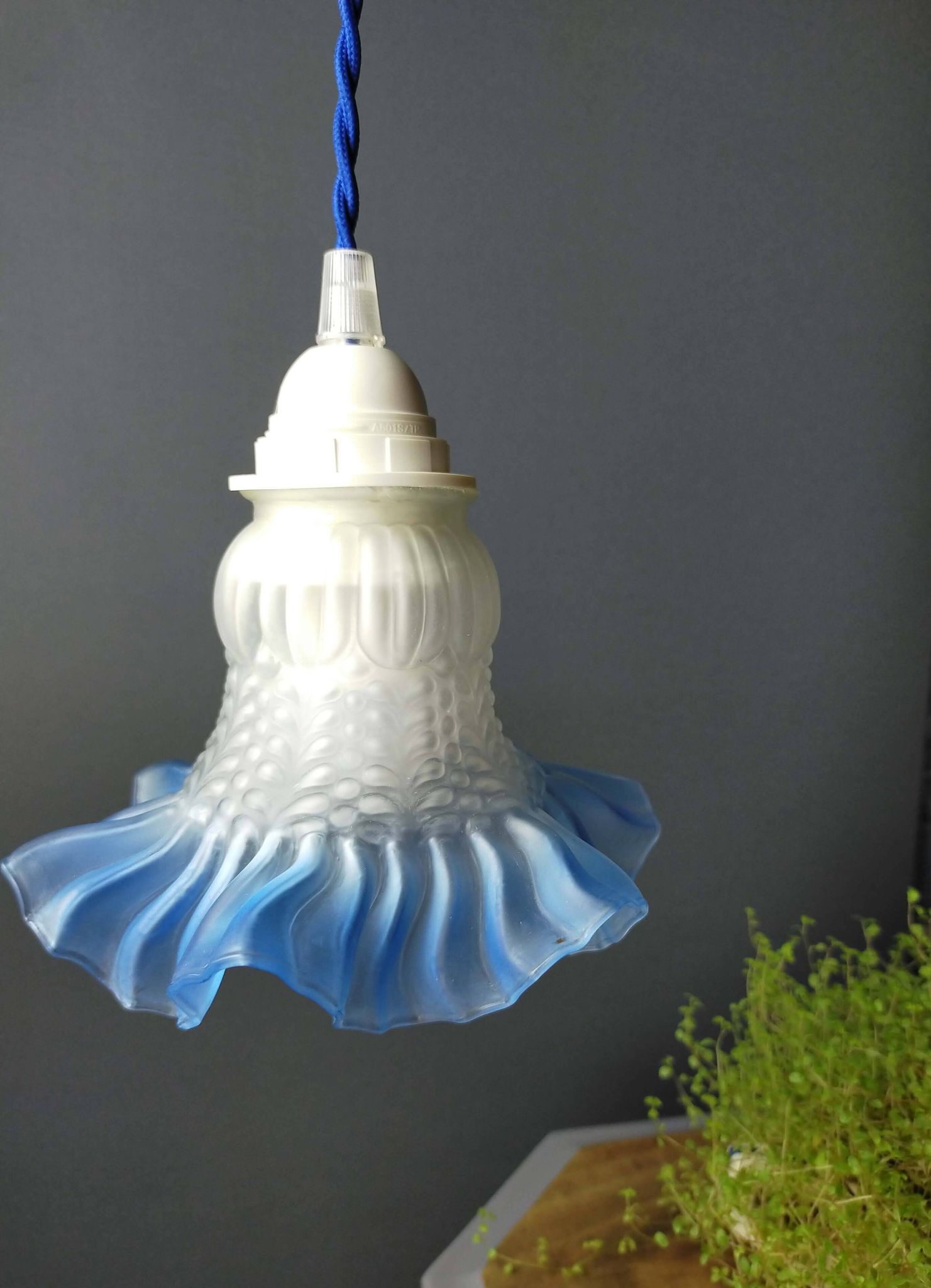 Tulip glass table lamp with frosted finish, azure blue trim – Vintage 1950
