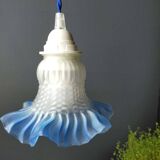 Tulip glass table lamp with frosted finish, azure blue trim – Vintage 1950