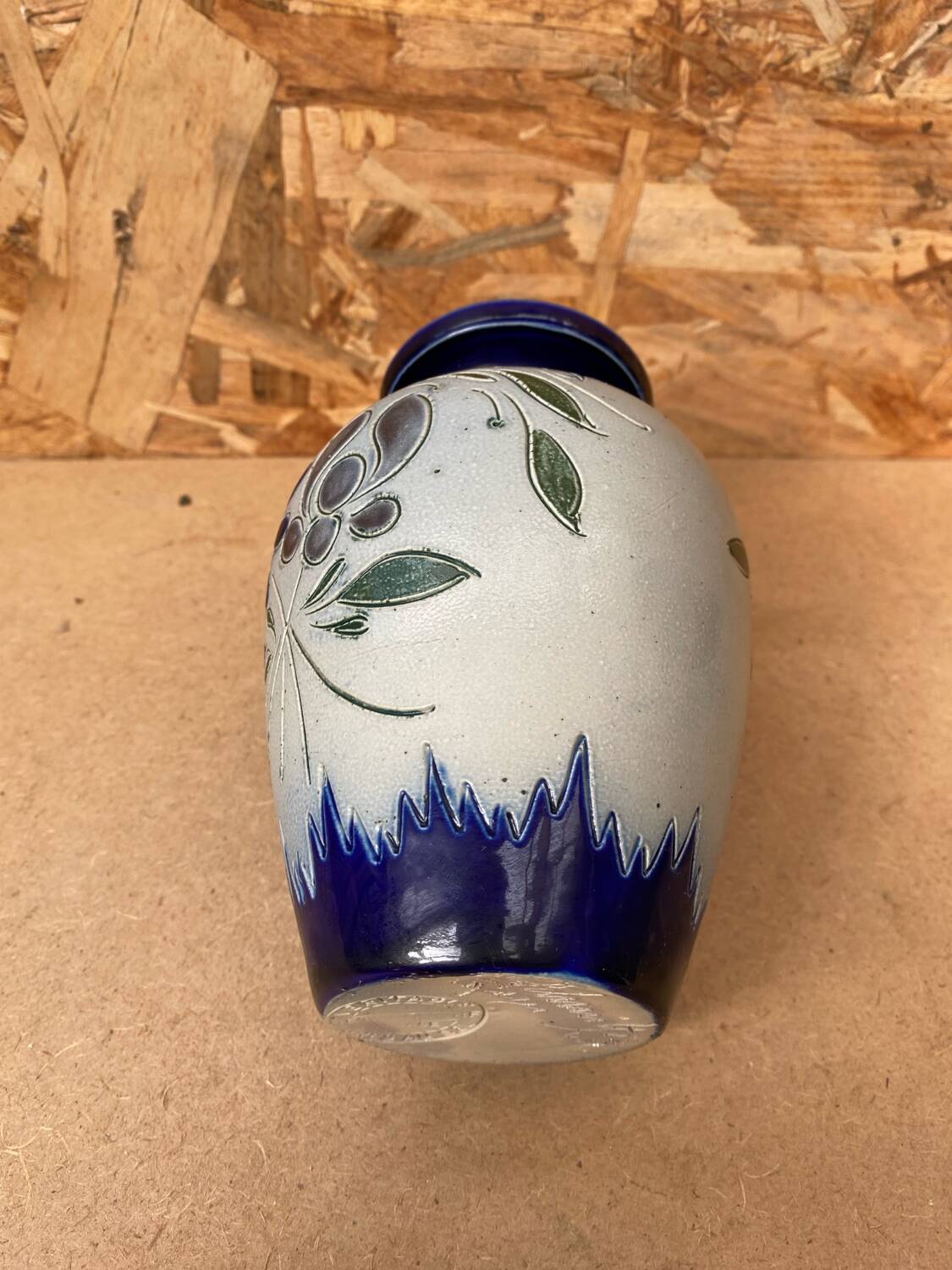 Ancien vase soliflore betschdorf schmitter grès bleu décor fleurs vintage #b647