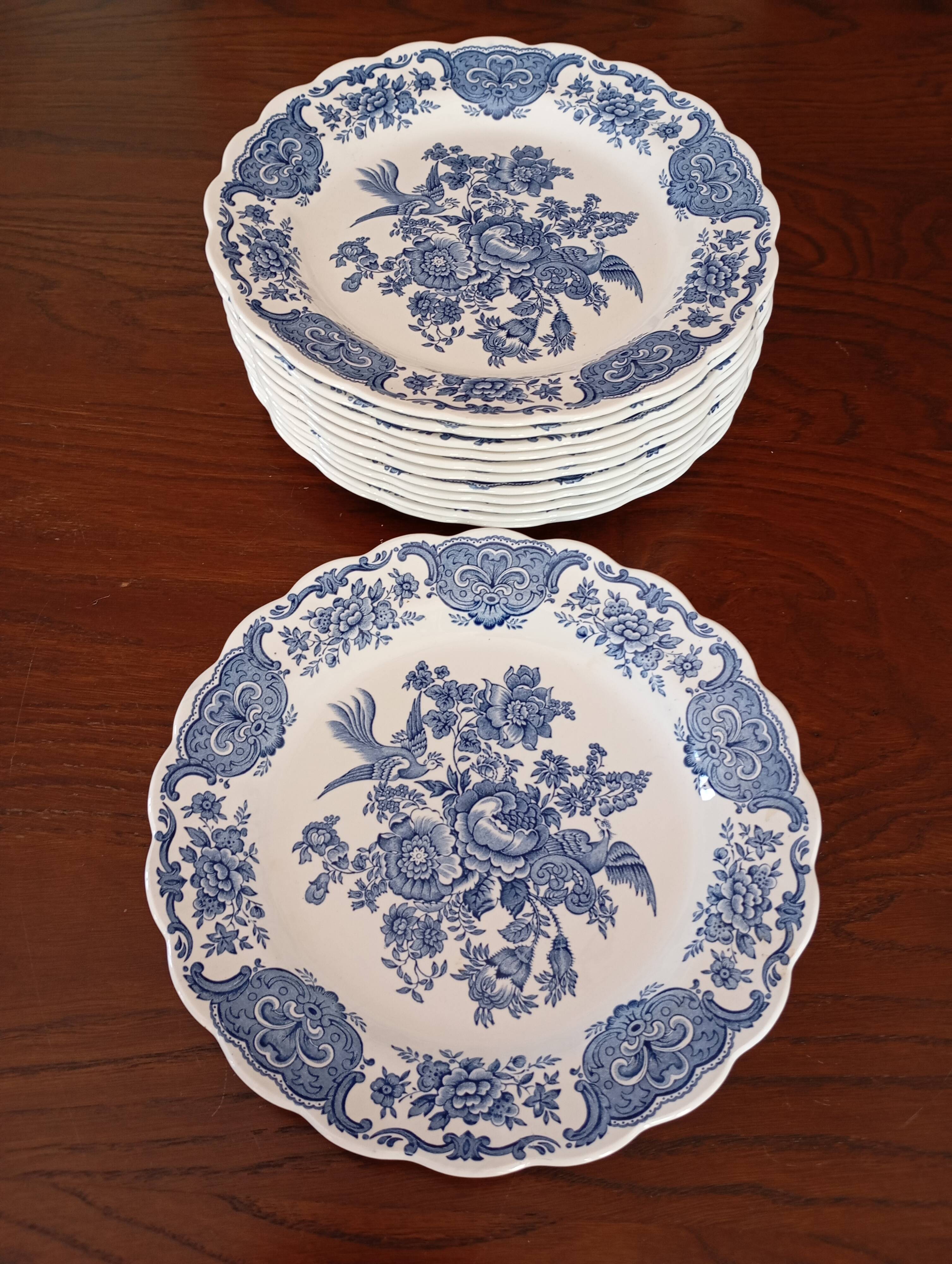 Assiettes plates anglaises Ridgway 'Windsor' bleu & blanc