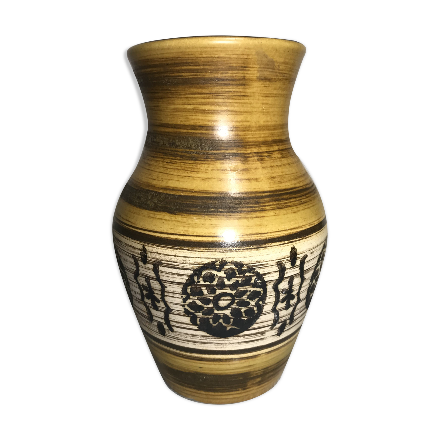 Old Beige Ceramic Vase - Black Drawings - Interior Marron Germany Vintage