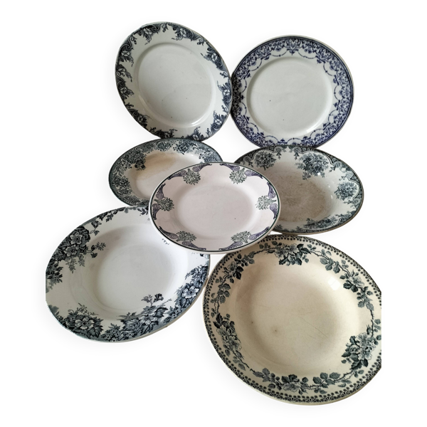 Ensemble 7 assiettes terre de fer frises florales fin 19ème début 20ème