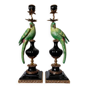 Paire de bougeoirs perroquets - bronze