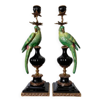 Pair of parrot candlesticks in porcelain and gilded bronze – Louis XVI style – 47 cm