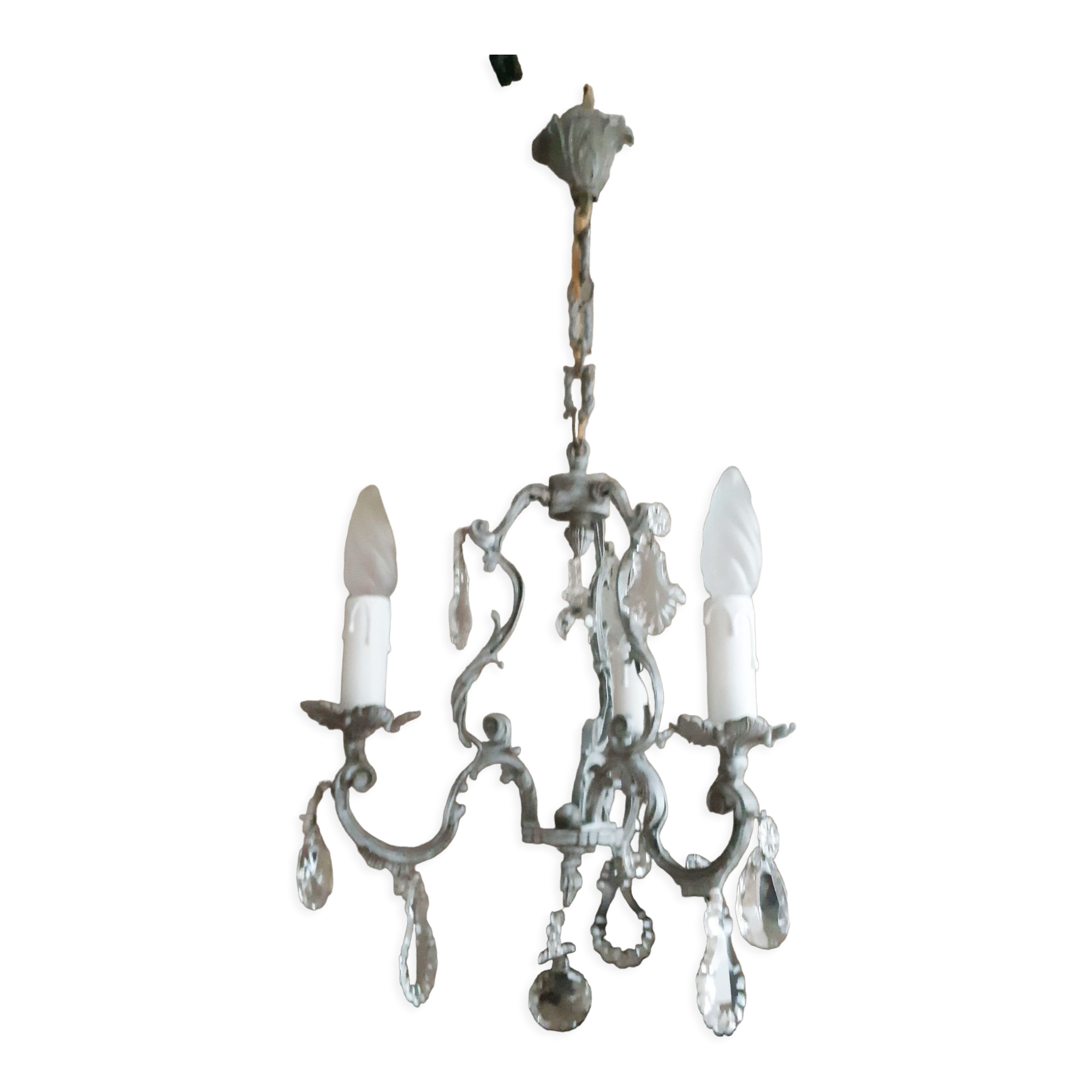 Lustre cage ancien à pampilles, en laiton, patiné gris, 3 feux