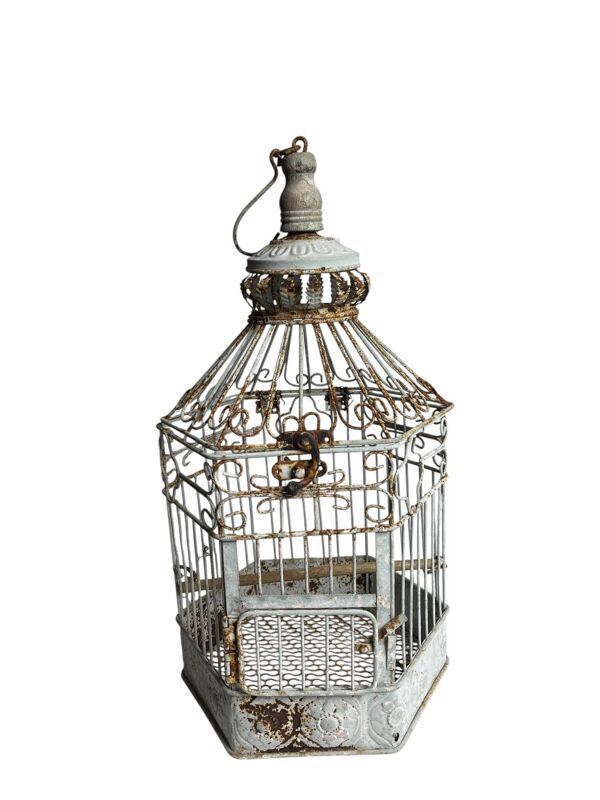 Ancienne cage à oiseaux hexagonale en métal vers 1940