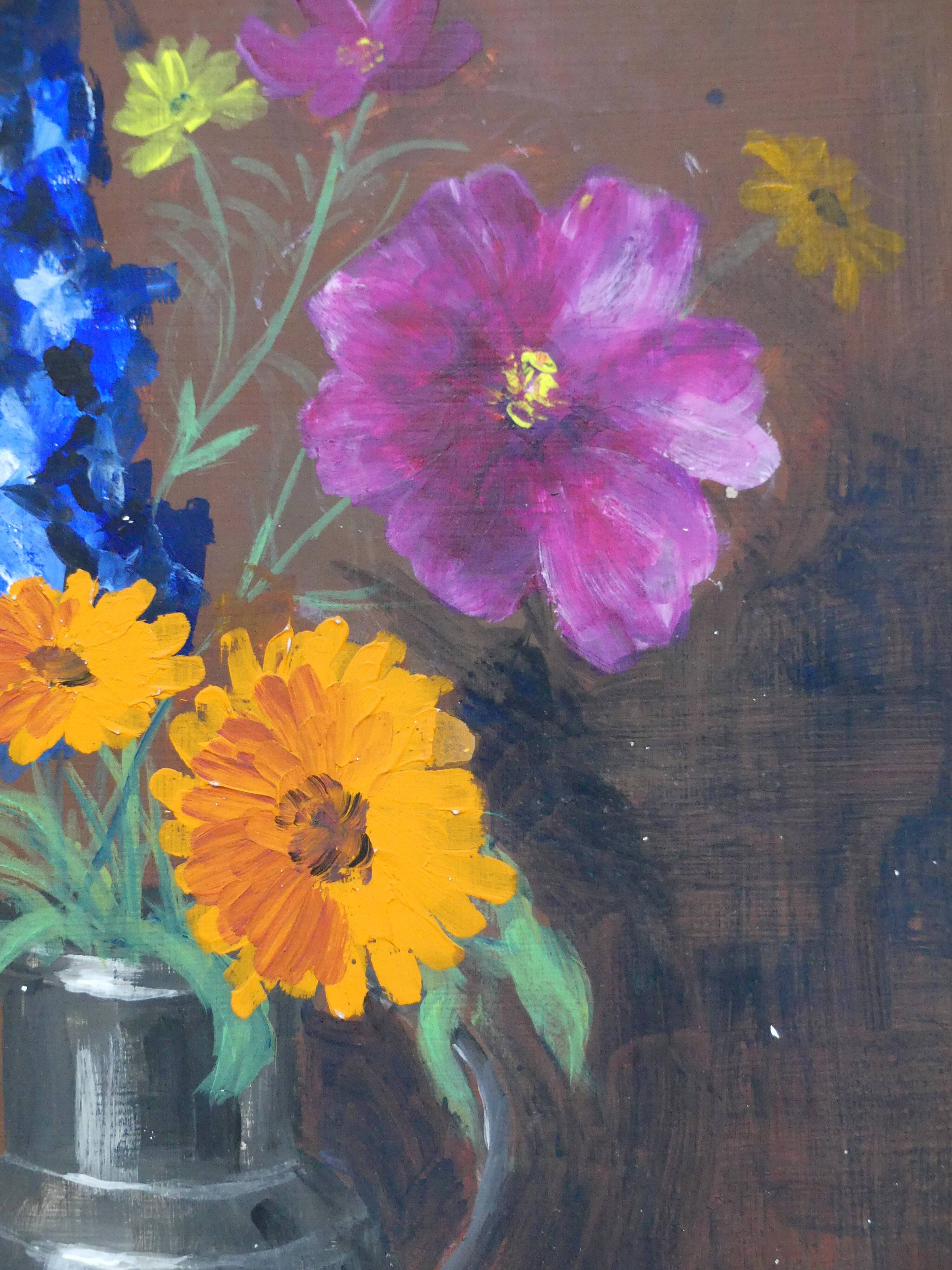 Painting colorful flowers on hardboard still life signed framed