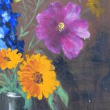 Painting colorful flowers on hardboard still life signed framed