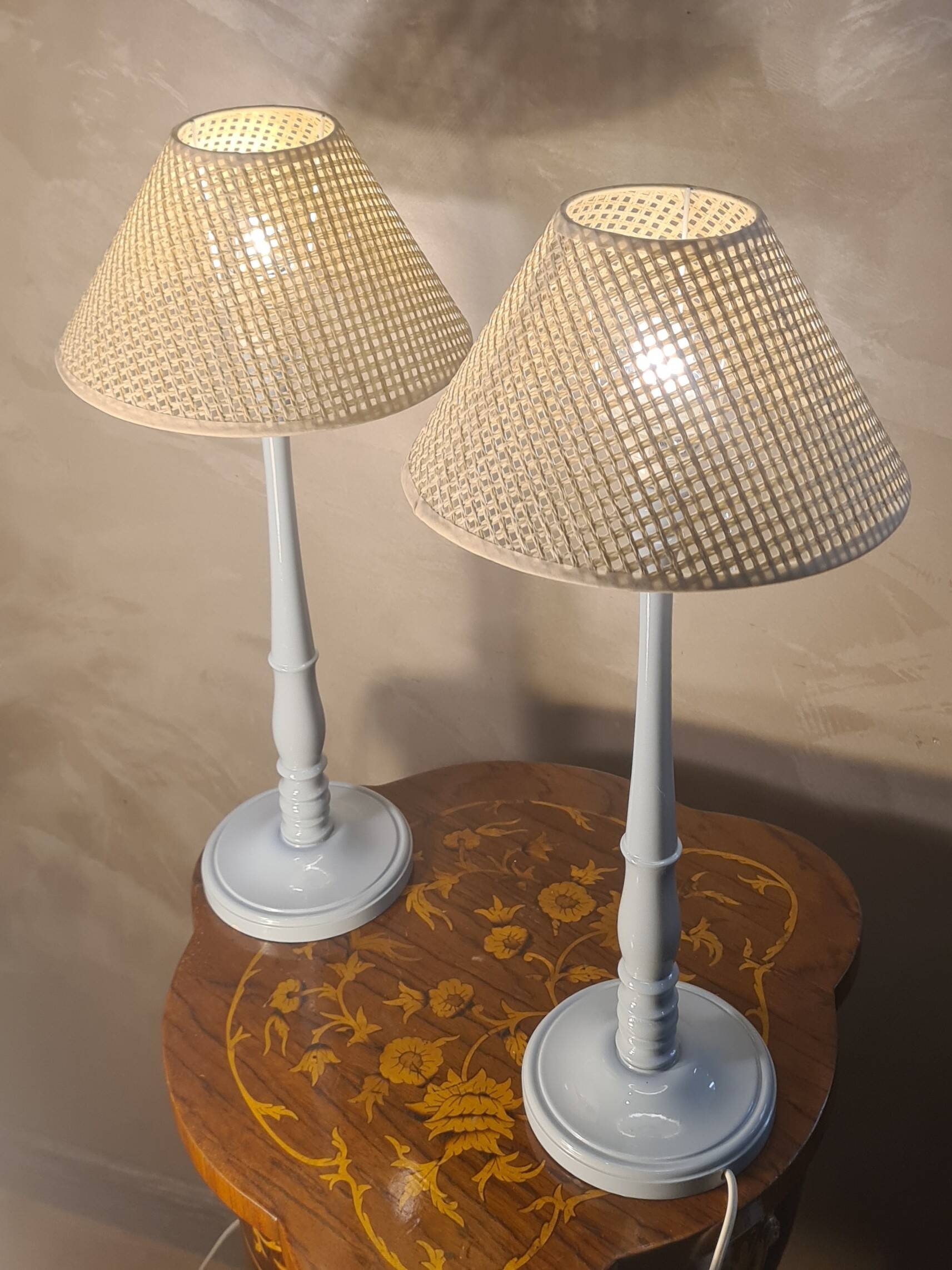 pair of grey-blue lacquered wooden bedside lamps 48x25 compliant with electrical standards