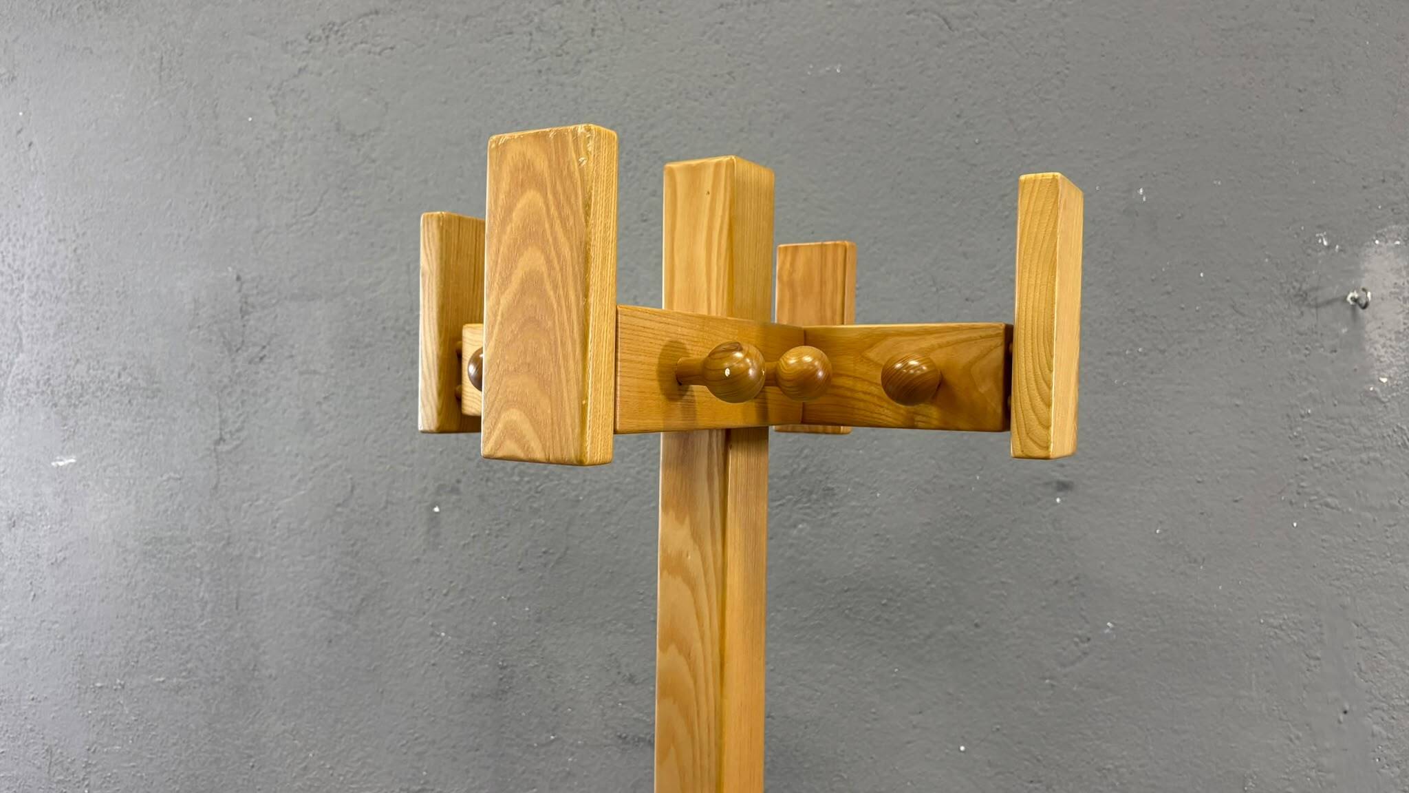 Freestanding mid-century pine coat rack, solid wood, 1970s, Europe
