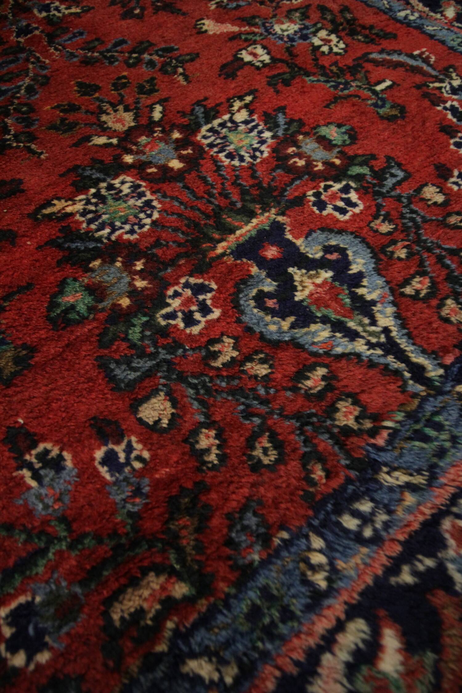 Burgundy Red Floral Wool Runner Rug,1960s Traditional Oriental Stair Runner