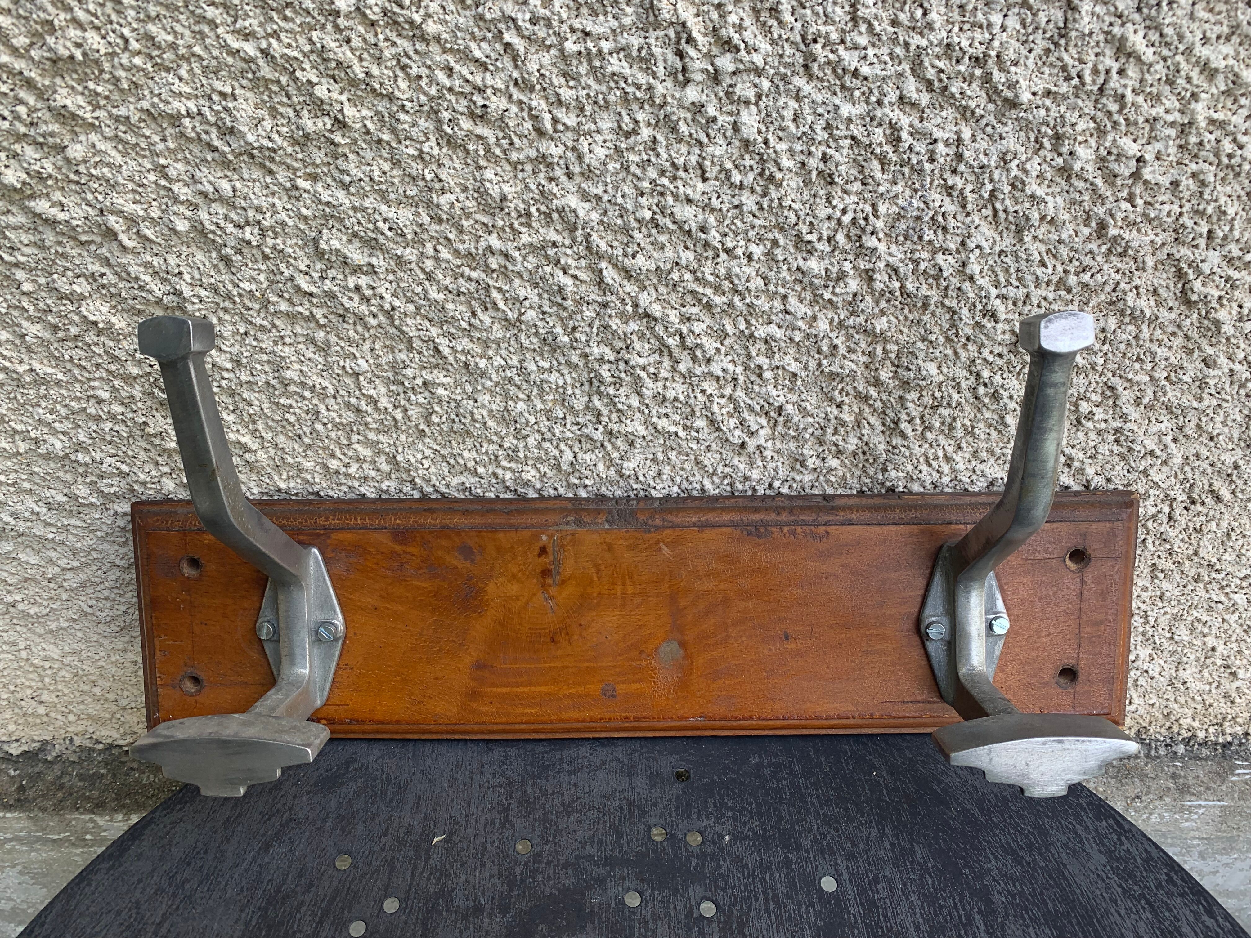 Wall coat rack two old metal hooks on vintage varnished wood