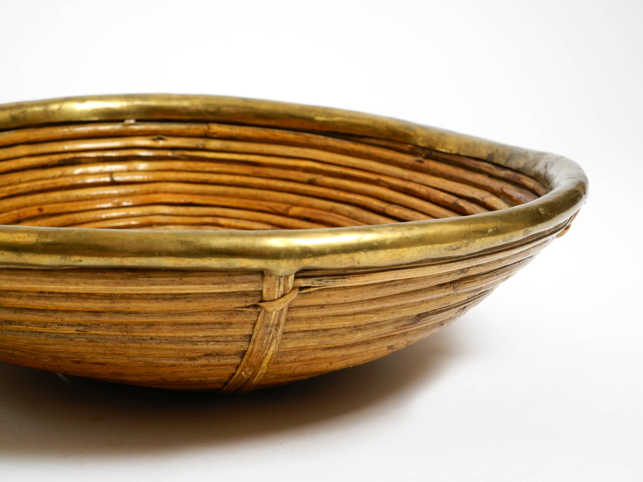 A pair of beautiful Italian Mid Century Modern bamboo bowls with brass rims