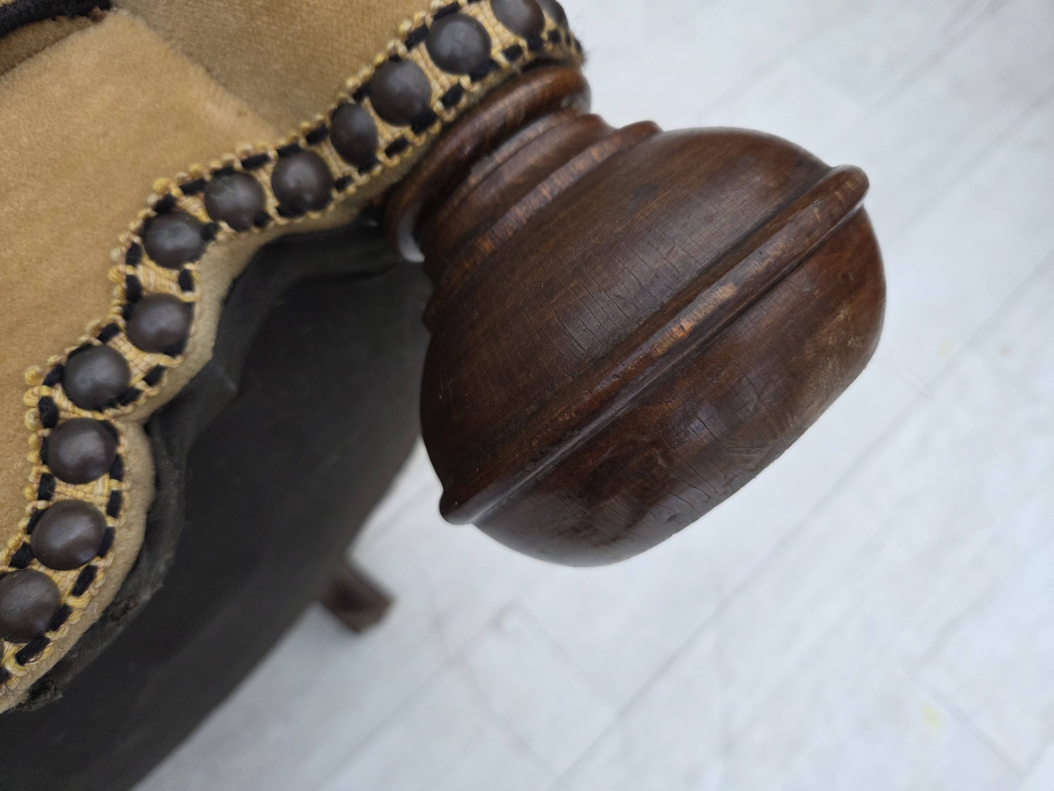1950s, Danish relax chair, furniture velour with patina, oak wood legs.