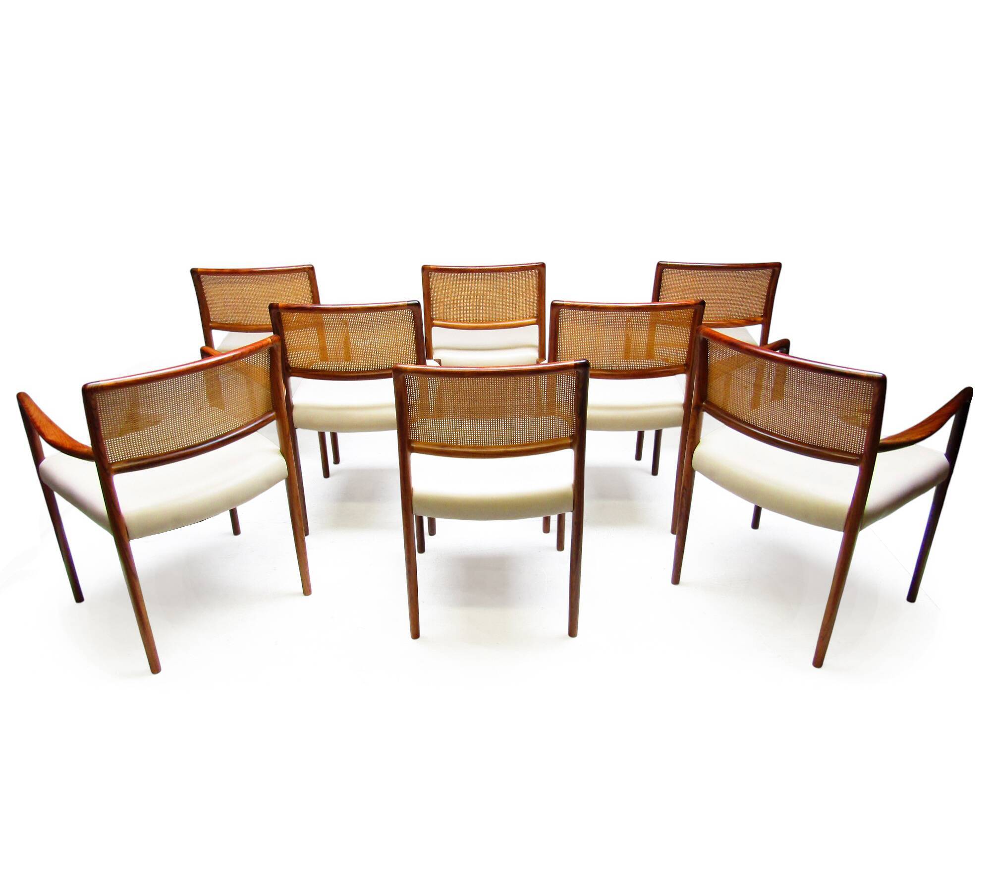 Set of 8 Danish Dining Chairs in Rosewood & Rattan attr. Niels Moller