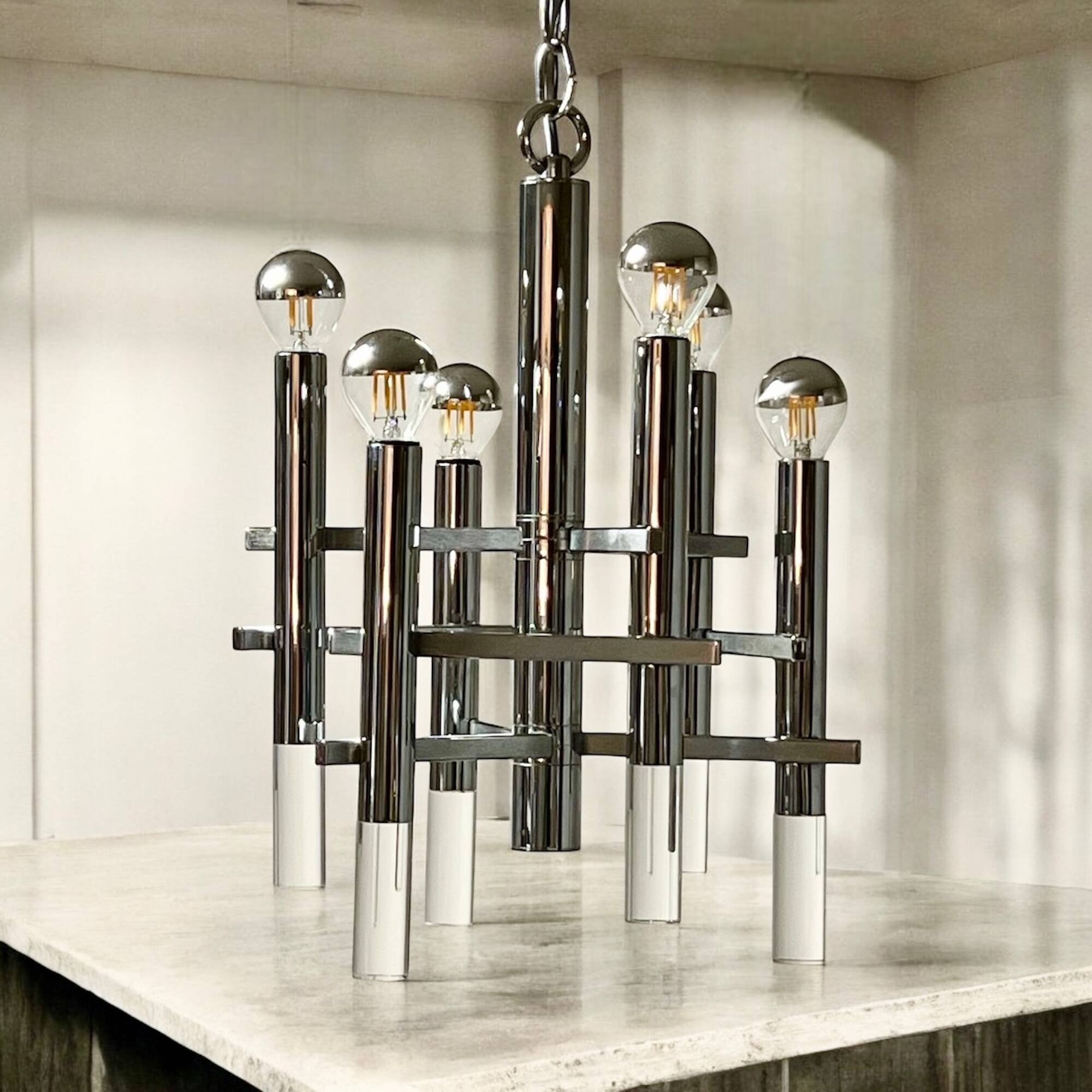 Large 70s Pendant Lamp in Chrome Metal and Perspex by Sciolari