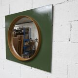 Unusual round wall mirror 60 cm teak edge on green rectangular board 1960.