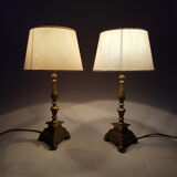 Pair of bedside brass base triangle triangular candelabra Church