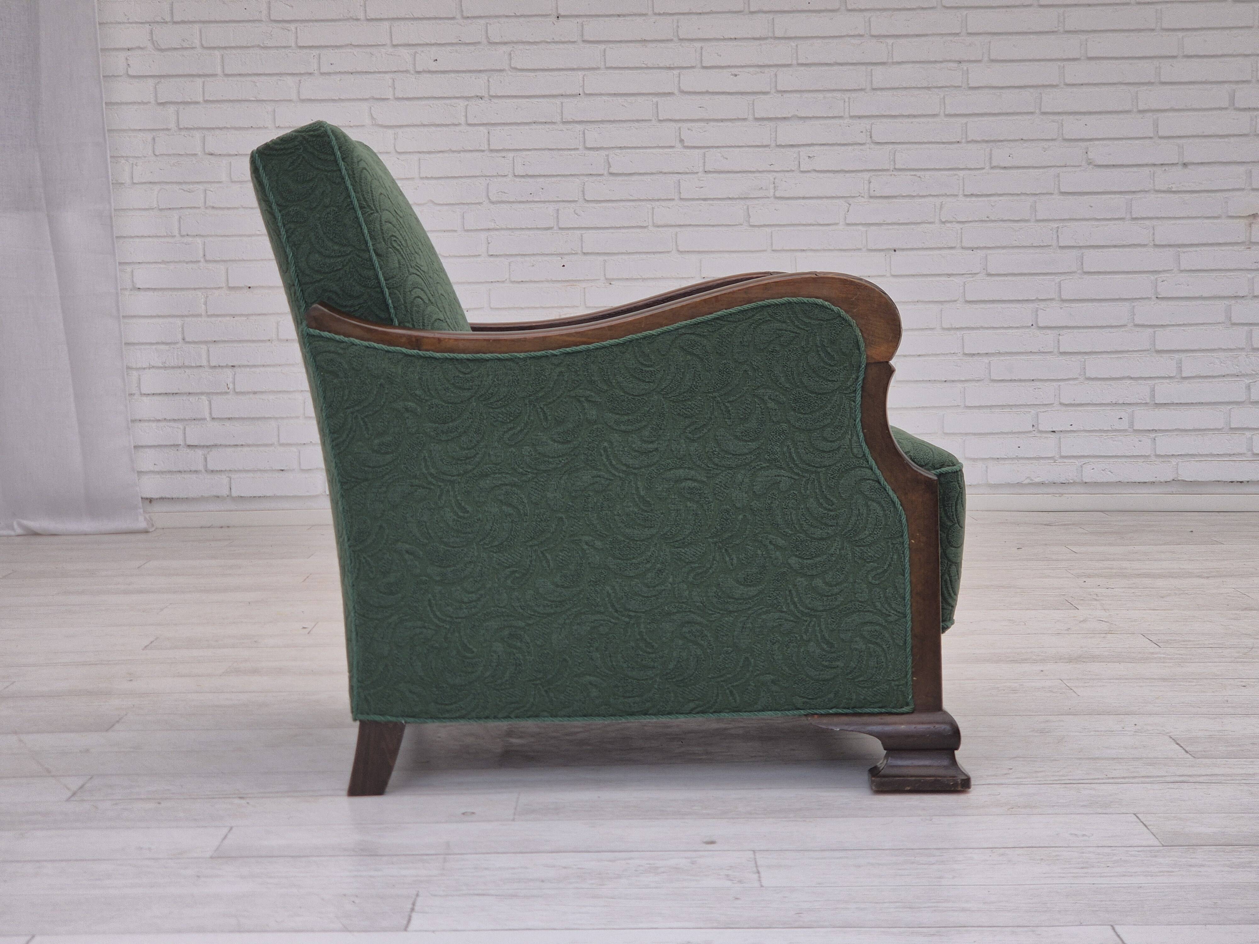 1950s, Danish relax chair, green furniture blend wool fabric, beech wood.
