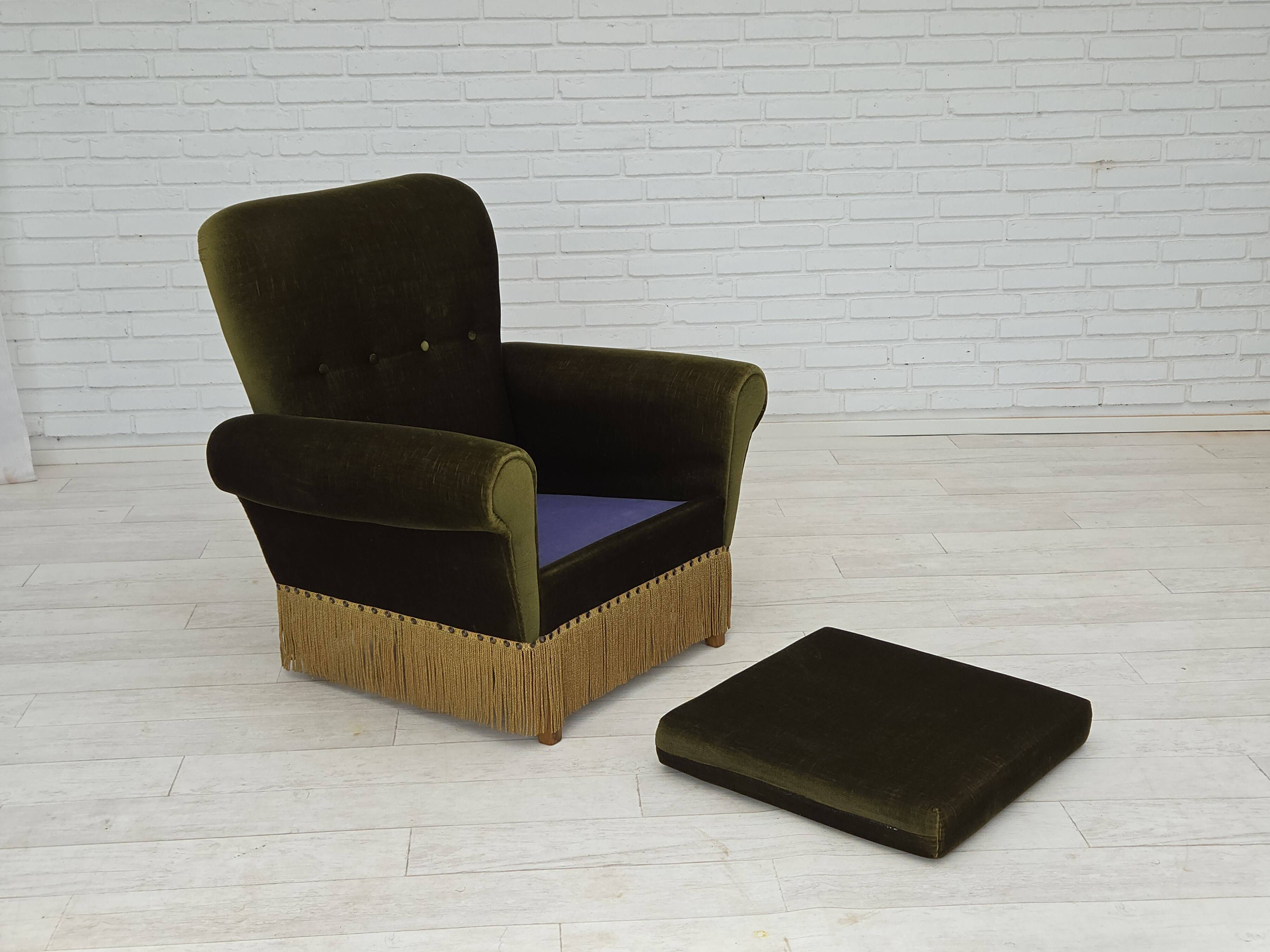 1970s, Danish lounge chair, high, furniture velour, ash wood legs.