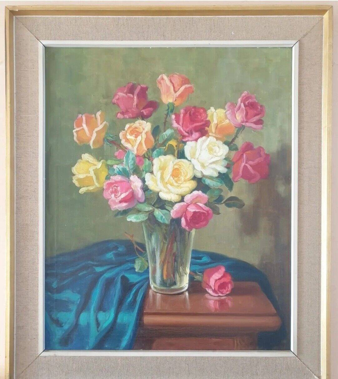 Bright Still Life With Pink Flowers, Oil Painting, 20th Century