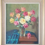 Bright Still Life With Pink Flowers, Oil Painting, 20th Century