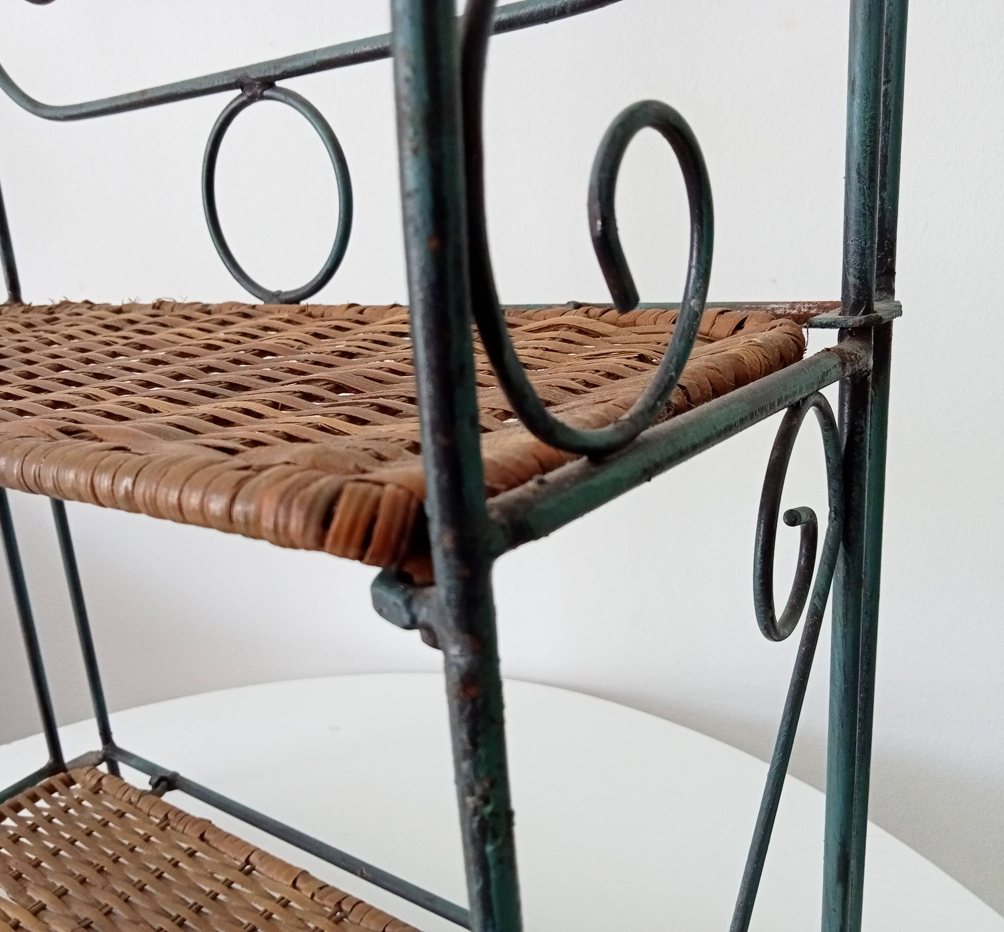 Vintage wall or table shelf in wrought iron and rattan