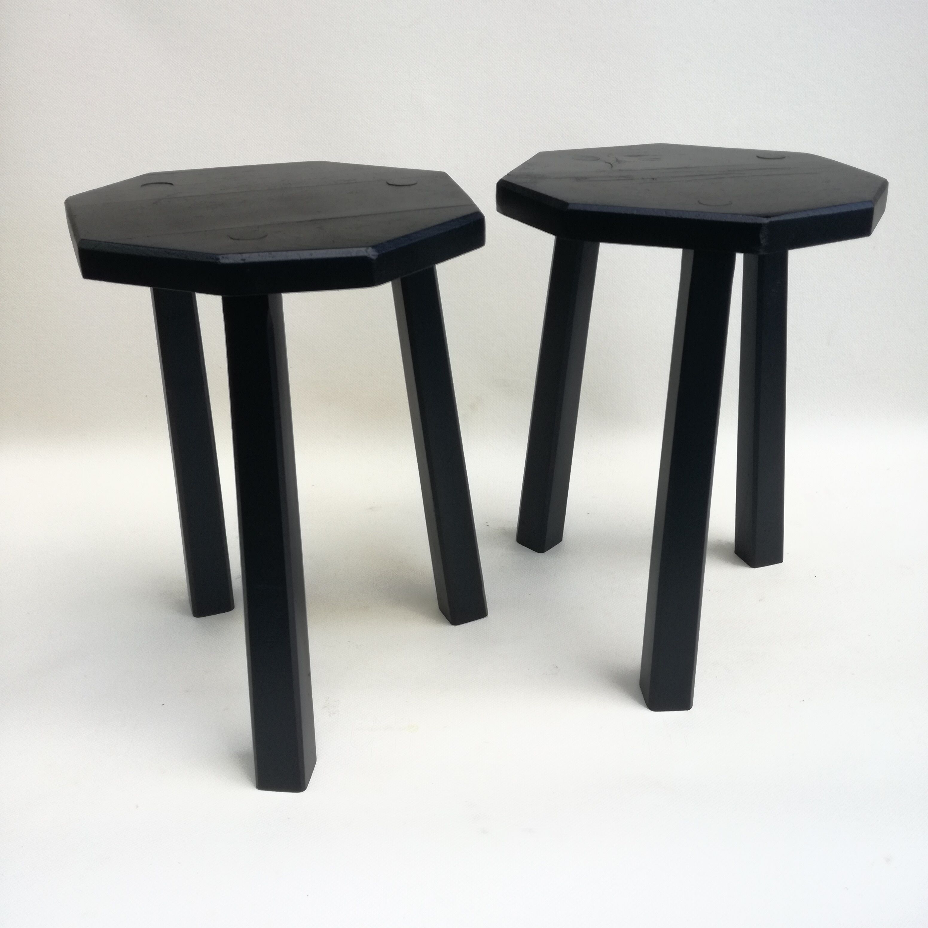 Black brutalist wooden stools, set of 2